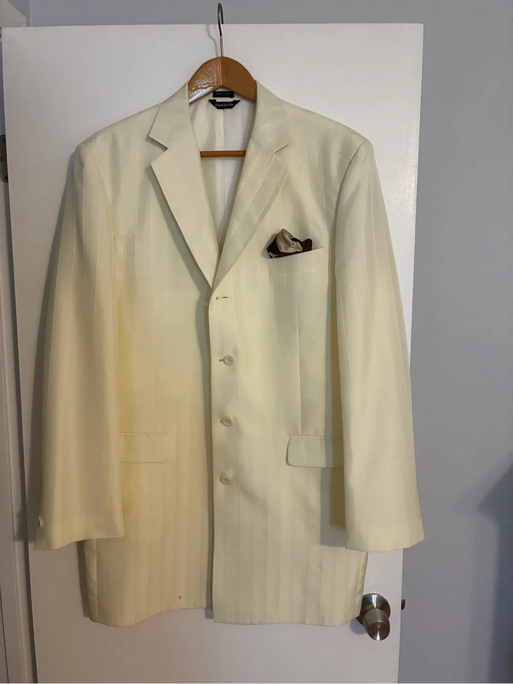 Cream Pinstripe Blazer & Trousers Set with Burgundy Shirt